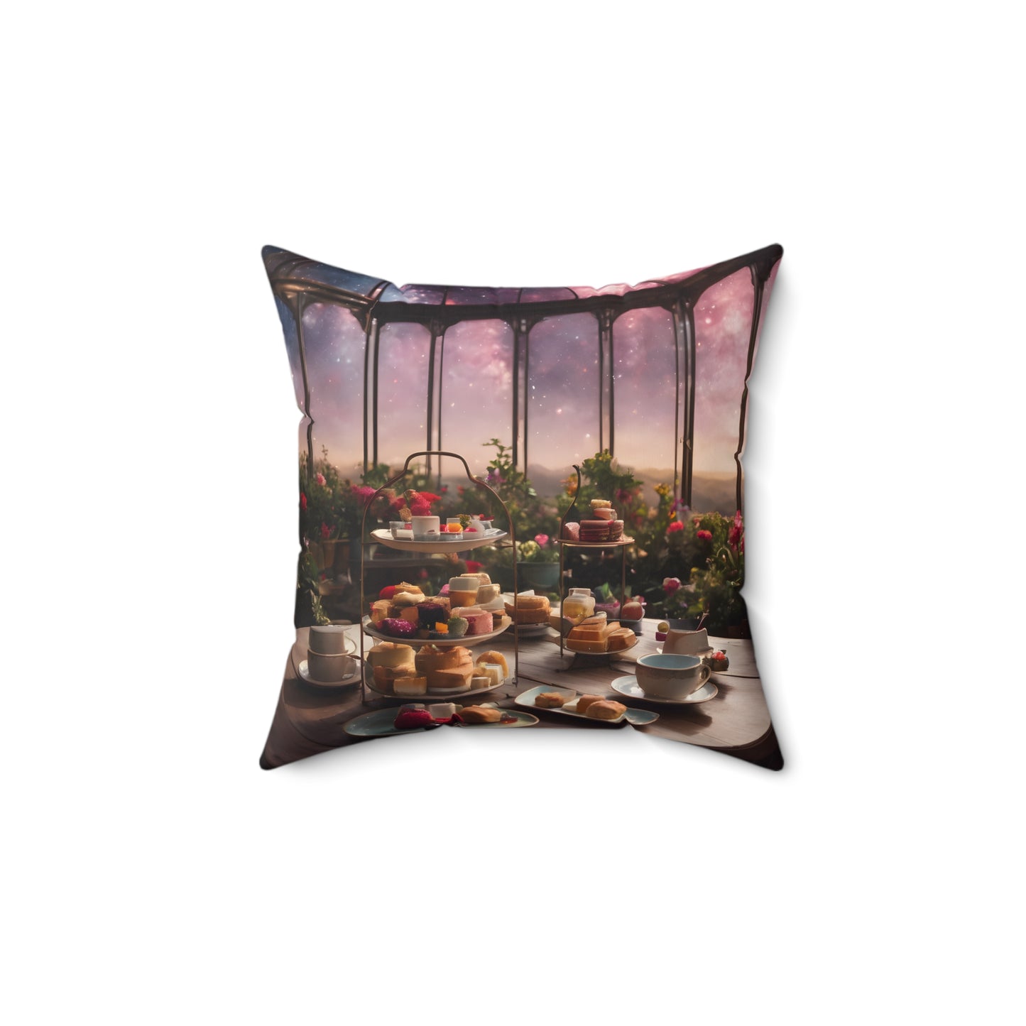 Tea Party Under a Cosmic, Stary Sky, Polyester Square Pillow